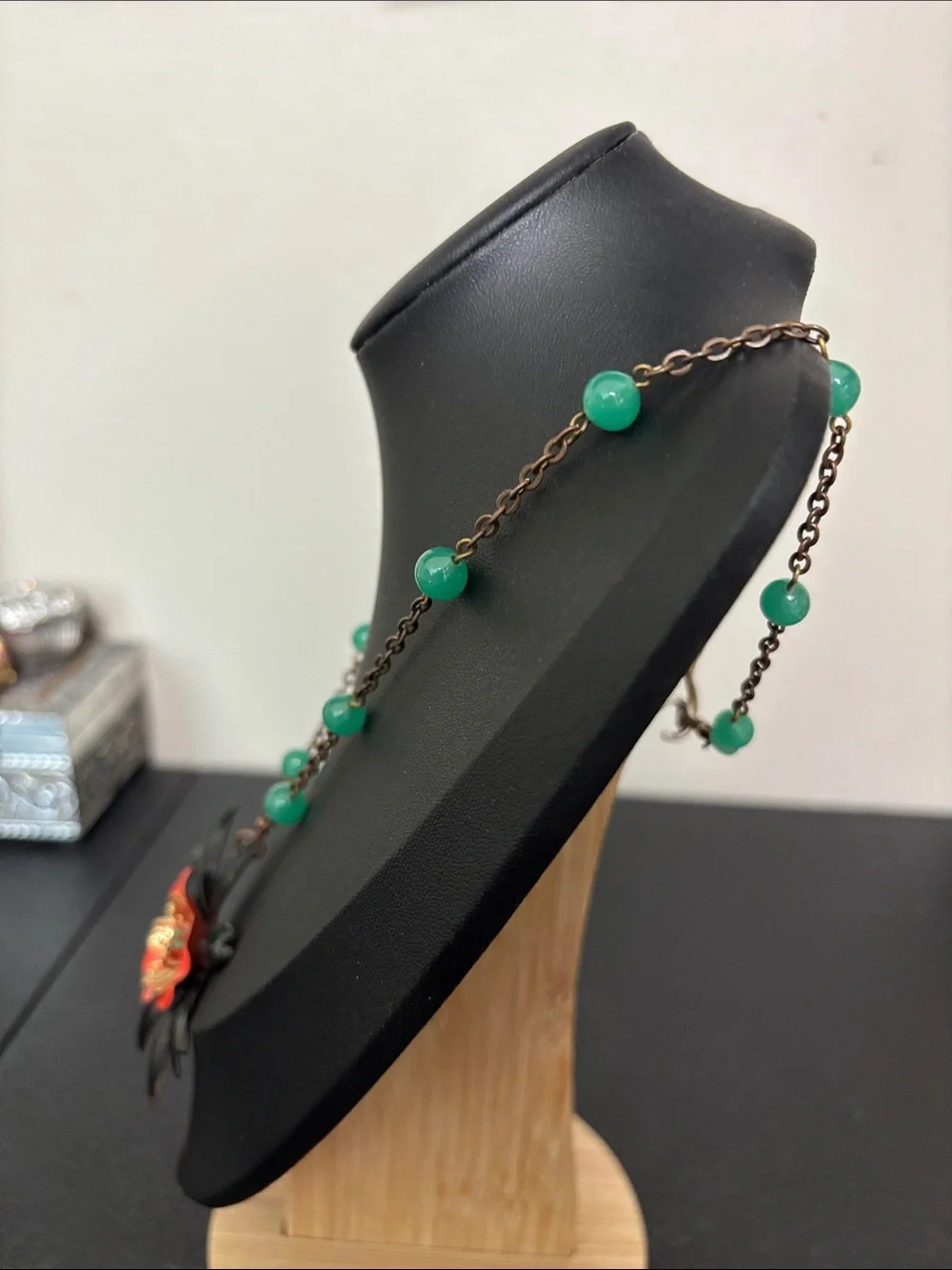 Vintage Metal Handcrafted Red Flower Pendant Necklace Green Accents